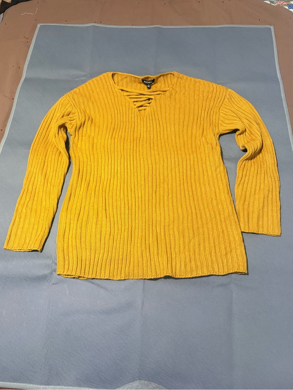 Rachel Mustard Yellow Ribbed Lace-Up V-Neck Sweater